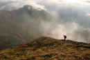 07-1139 Walker Descending the South Ridge of Grasmoor (Lad Howes) in Swirling Mist, Lake District, Cumbria